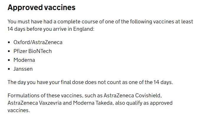 признаваемые Великобританией вакцины