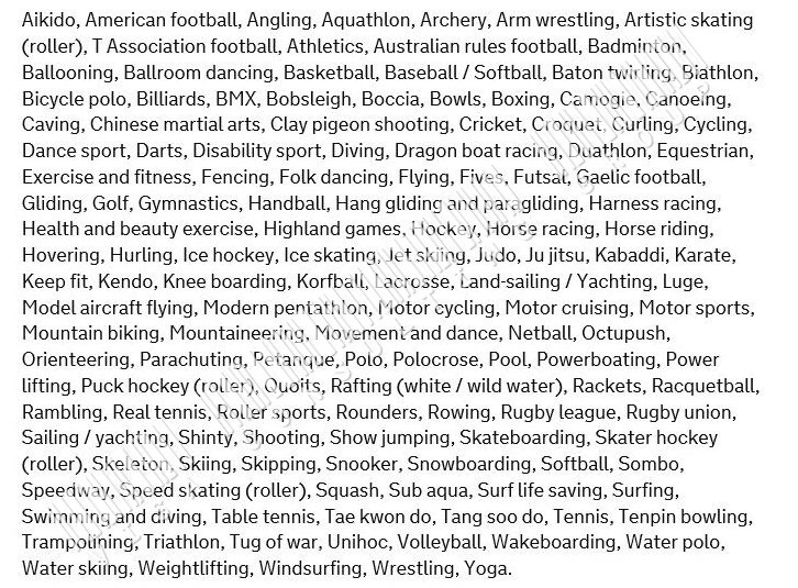 спортивная виза в Англию виды спорта